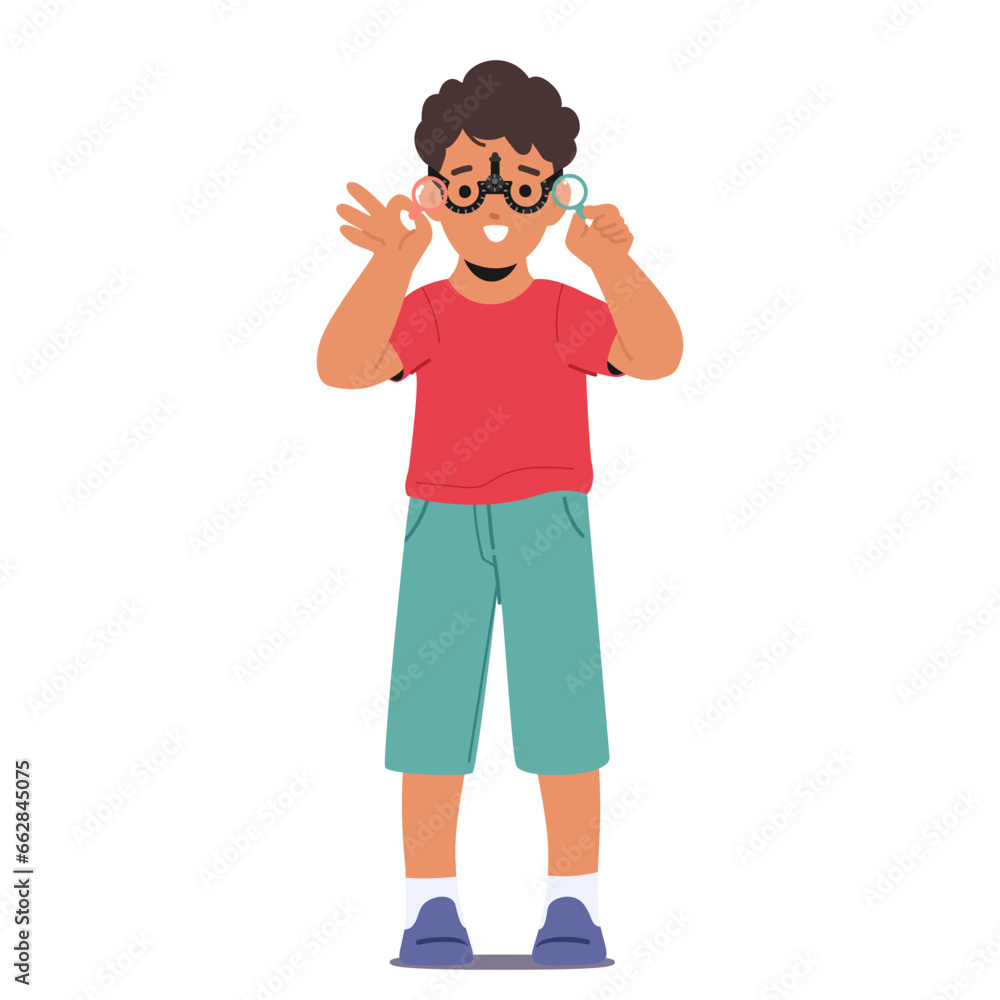 Cheerful Young Boy Beams With A Smile As She Undergoes An Eye Test With A Phoropter, Cartoon People Vector Illustration Cheerful Young Boy Beams With A Smile As She Undergoes An Eye Test With A Phoropter, Cartoon People Vector Illustration