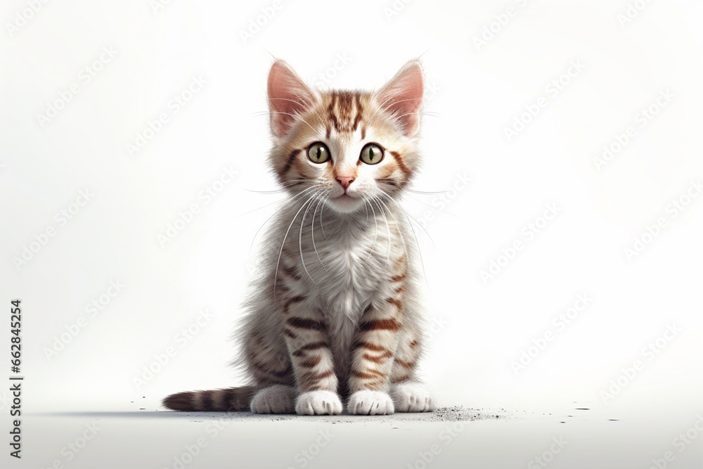 Cute little bengal kitten sitting on wooden floor and looking at camera
