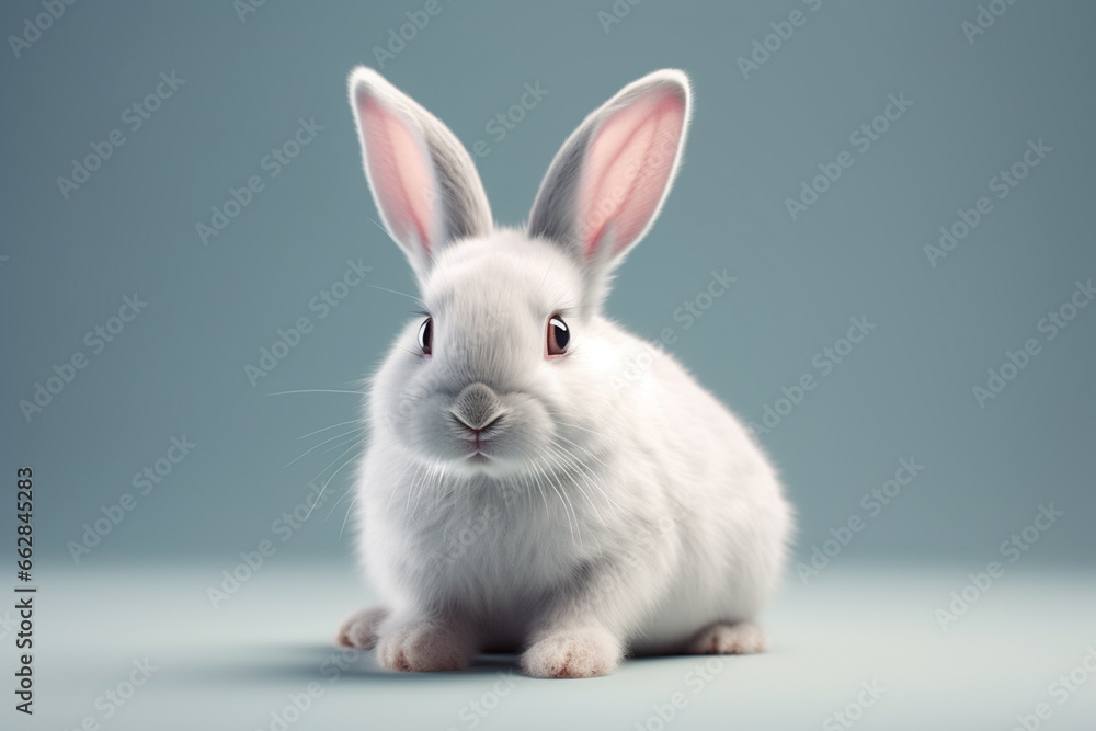 Cute white rabbit on blue background. Easter concept. 3D Rendering