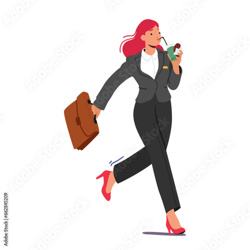 Busy Businesswoman, In A Sharp Suit, Swiftly Savors A Quick Meal On Her Commute. Female Character Balancing Productivity