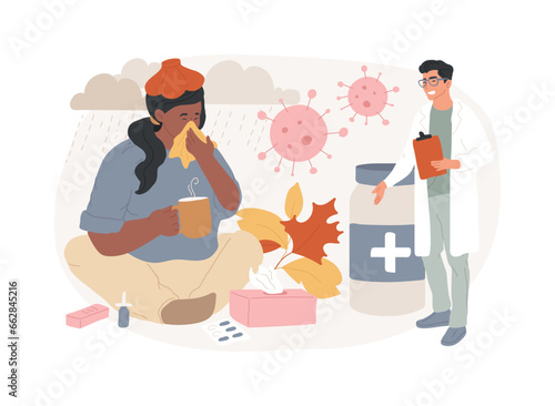 Seasonal Flu isolated concept vector illustration. Seasonal influenza virus, contagious respiratory illness, flu treatment recommendation, vaccination, acute infection symptoms vector concept.