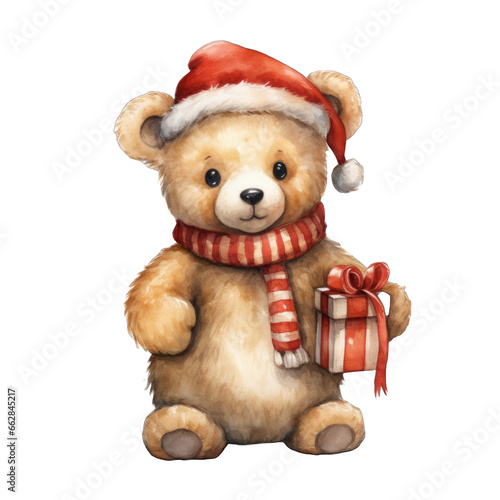 Watercolor clipart teddy santa. Generative AI. © Dusit