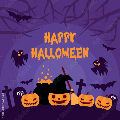 happy Halloween background with pumpkin and bats