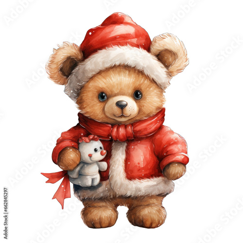 Watercolor clipart teddy santa. Generative AI. © Dusit