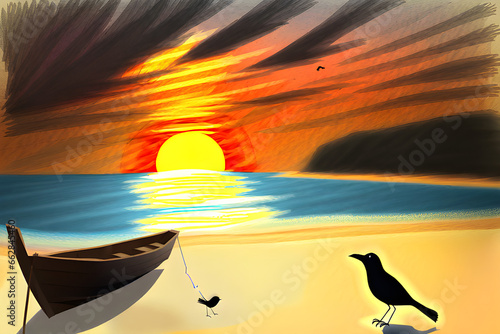 A quiet sea at sunset, a bird on an uninhabited island. Generative AI 