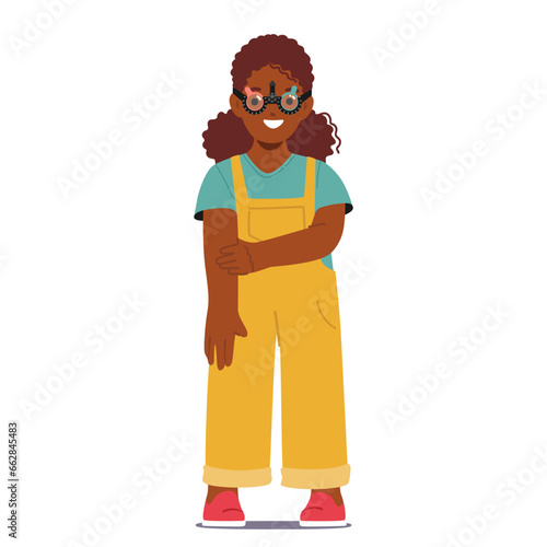 Young Black Girl Character Grins As She Looks Through The Phoropter During An Eye Test Examination, Vector Illustration