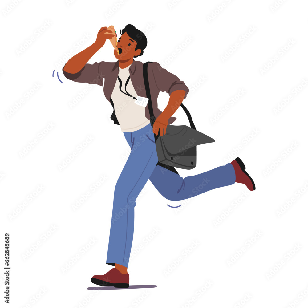 Busy Man, Rushing Through His Day, Eating Quick Meal While On The Move, Cartoon People Vector Illustration Busy Man, Rushing Through His Day, Eating Quick Meal While On The Move, Cartoon People Vector Illustration