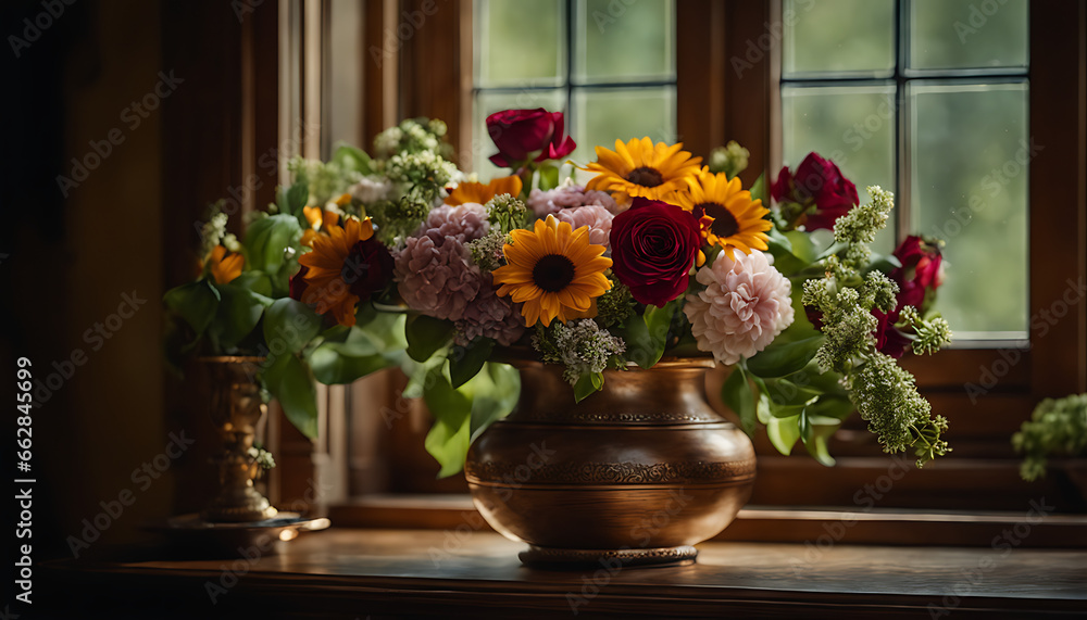A bouquet of freshly picked flowers, beautifully arranged in a vintage vase