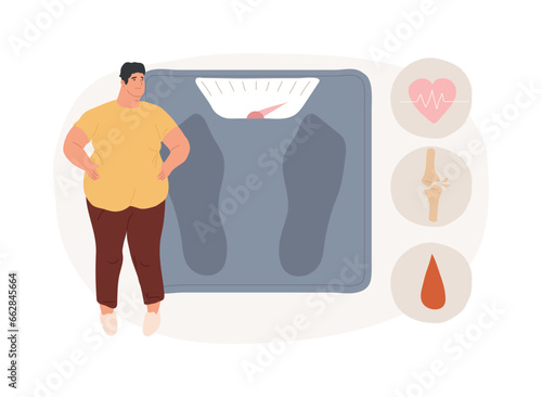 Obesity health problem isolated concept vector illustration. Obesity main causes, overweight treatment, obese people, fast junk food, body fat, low daily activity, bad shape vector concept.