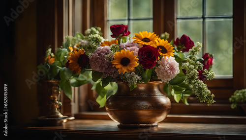 A bouquet of freshly picked flowers, beautifully arranged in a vintage vase