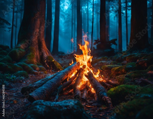 Bonfire in the dark forest