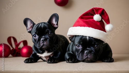 2 adorable French bulldogs in Christmas 11. This image is perfect for use in a variety of applications, including holiday greetings, social media posts, and marketing materials. © Gbuhi