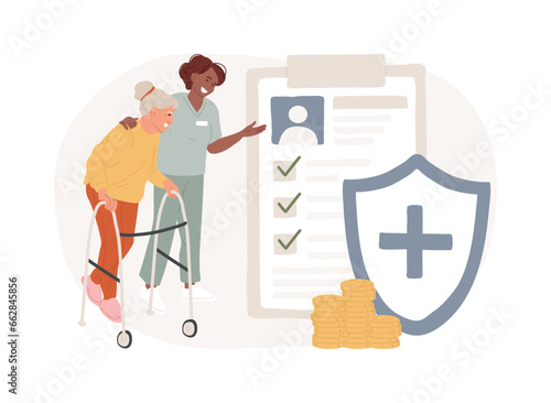 Care allowance isolated concept vector illustration. Pension contribution, old disabled person, regular care, senior woman on walker, wheelchair, home nurse, health insurance vector concept.