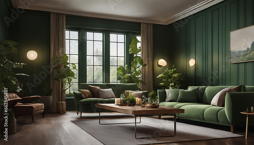 living room with a green wall and a wooden table 