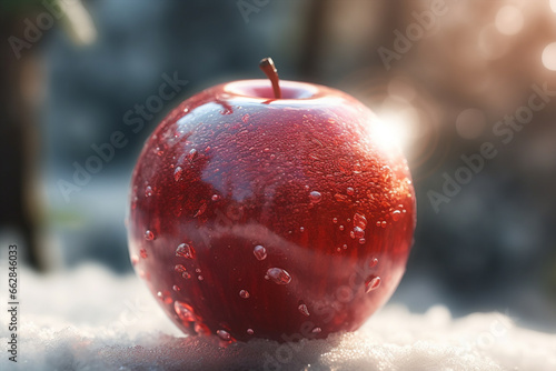 Red apple with christmas tree in snow. 3D illustration.