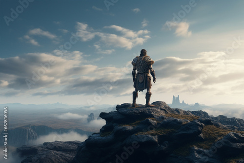 Lonely warrior standing on the top of the mountain. 3D Rendering