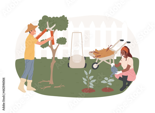 Garden maintenance isolated concept vector illustration. Lawn mowing and fertilization, waste and weed removal, cutting dry diseased branch, shaping plants, landscaping vector concept.