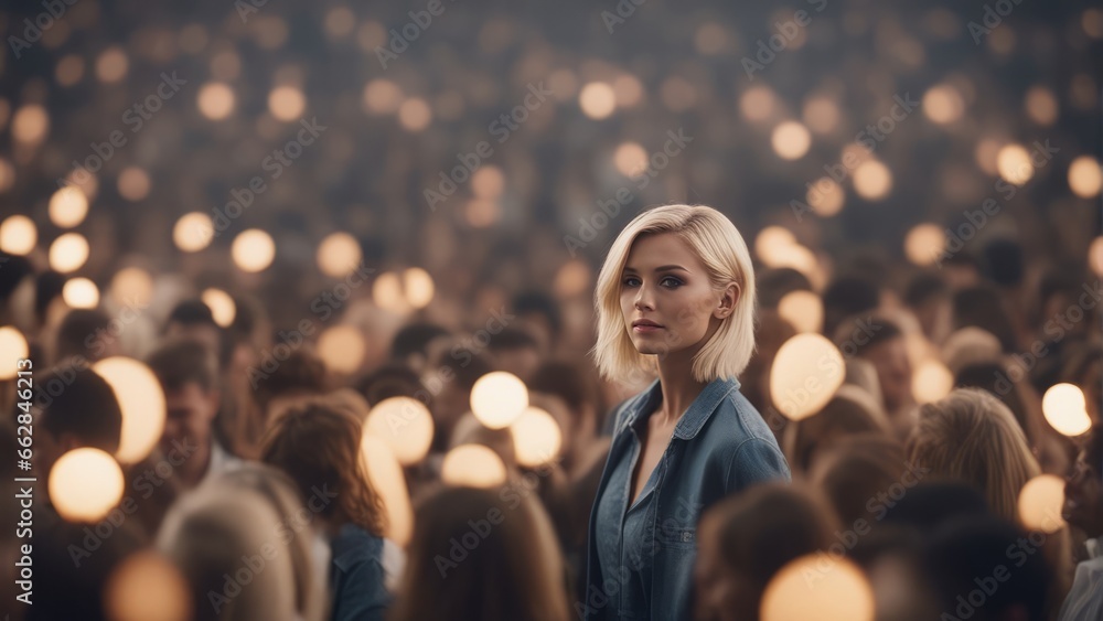 Stand out from the crowd concept with blonde woman standing out from large crowd of people Stand out from the crowd concept with blonde woman standing out from large crowd of people