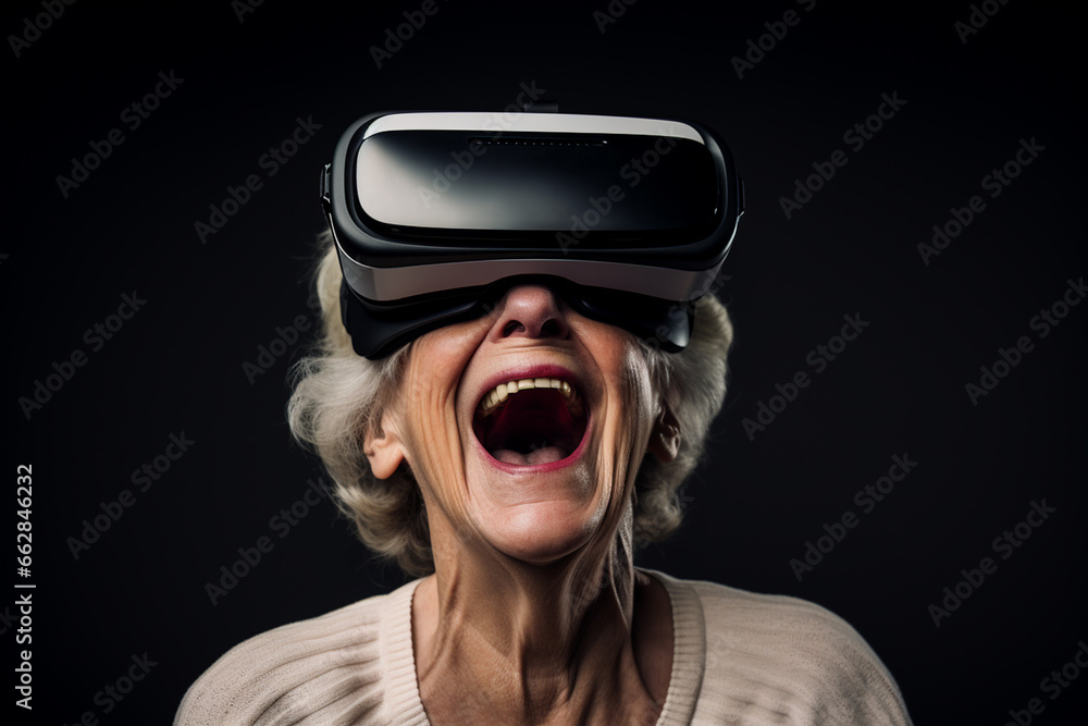 a grandmather's face wearing a virtual reality headset, on a simple and unobtrusive background a grandmather's face wearing a virtual reality headset, on a simple and unobtrusive background
