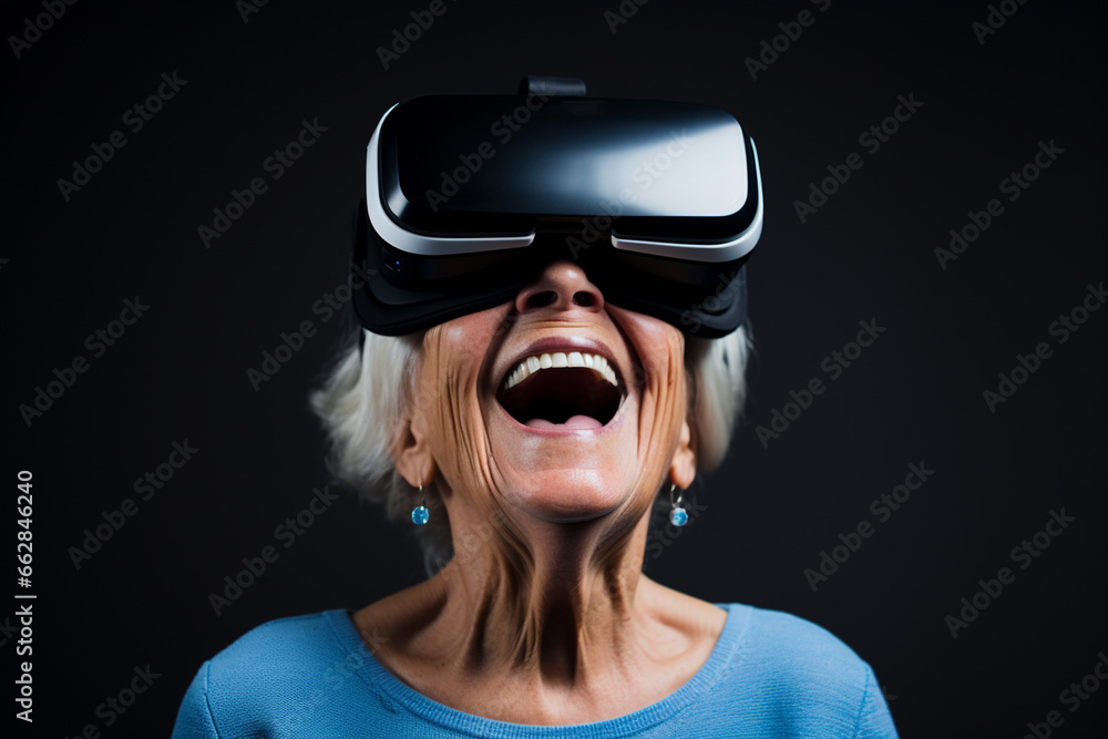a grandmather's face wearing a virtual reality headset, on a simple and unobtrusive background a grandmather's face wearing a virtual reality headset, on a simple and unobtrusive background