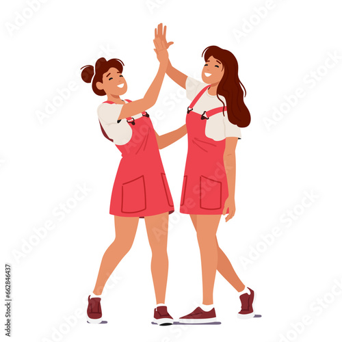 Two Twin Girl Characters Joyfully Connect Their Hands. Sisters Creating A Heartwarming High-five Moment