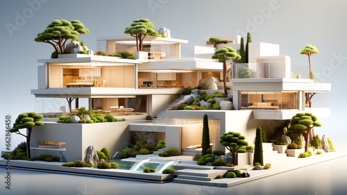 3D rendering of a modern cozy house with a terrace for sale or rent in a luxurious style and beautiful landscape design. Generative AI technology.