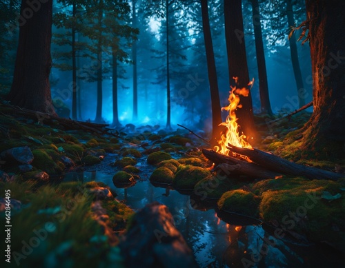 Bonfire in the dark forest