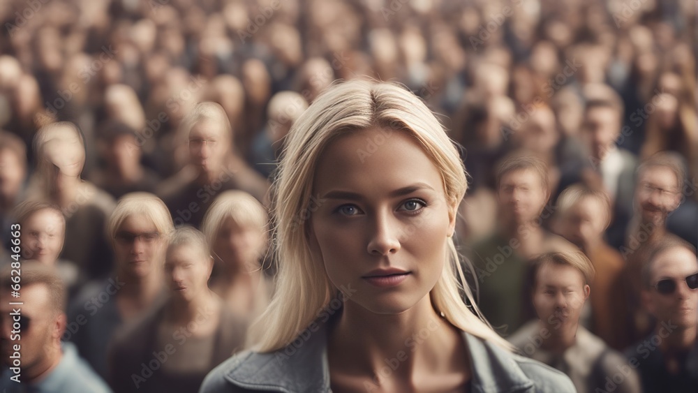 Stand out from the crowd concept with blonde woman standing out from large crowd of people Stand out from the crowd concept with blonde woman standing out from large crowd of people
