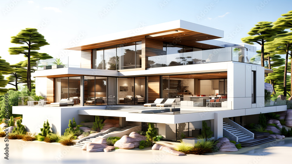 3D rendering of a modern cozy house with a terrace for sale or rent in a luxurious style and beautiful landscape design. Generative AI technology. - obrazy, fototapety, plakaty 