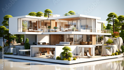 3D rendering of a modern cozy house with a terrace for sale or rent in a luxurious style and beautiful landscape design. Generative AI technology.