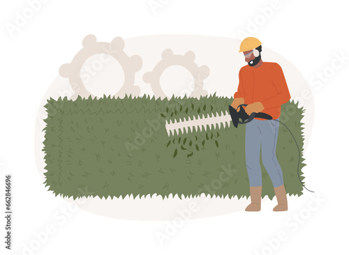 Hedge trimming isolated concept vector illustration. Hand shears, dead wood, remove branches, shape trees and shrubs, hedge clipper, landscape maintenance, laser level vector concept.