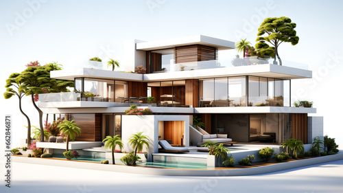 3D rendering of a modern cozy house with a terrace for sale or rent in a luxurious style and beautiful landscape design. Generative AI technology. © Grycaj