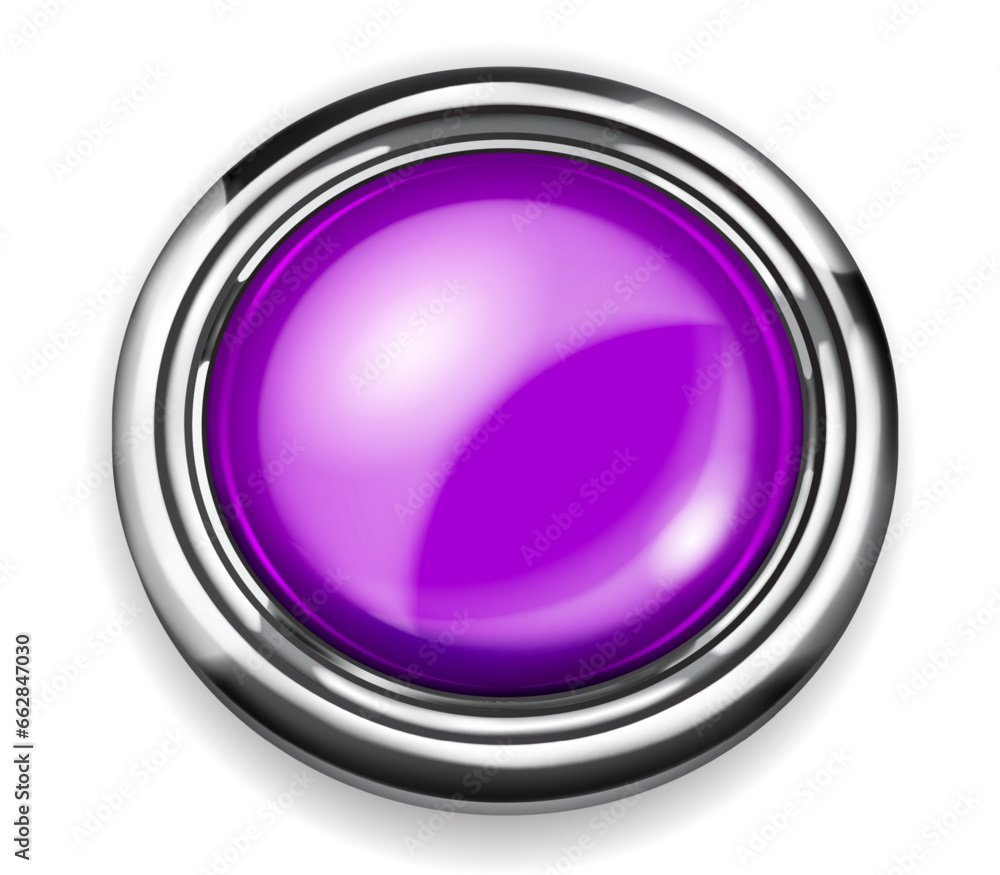 Realistic big purple plastic button with shiny metallic border on white background Realistic big purple plastic button with shiny metallic border on white background