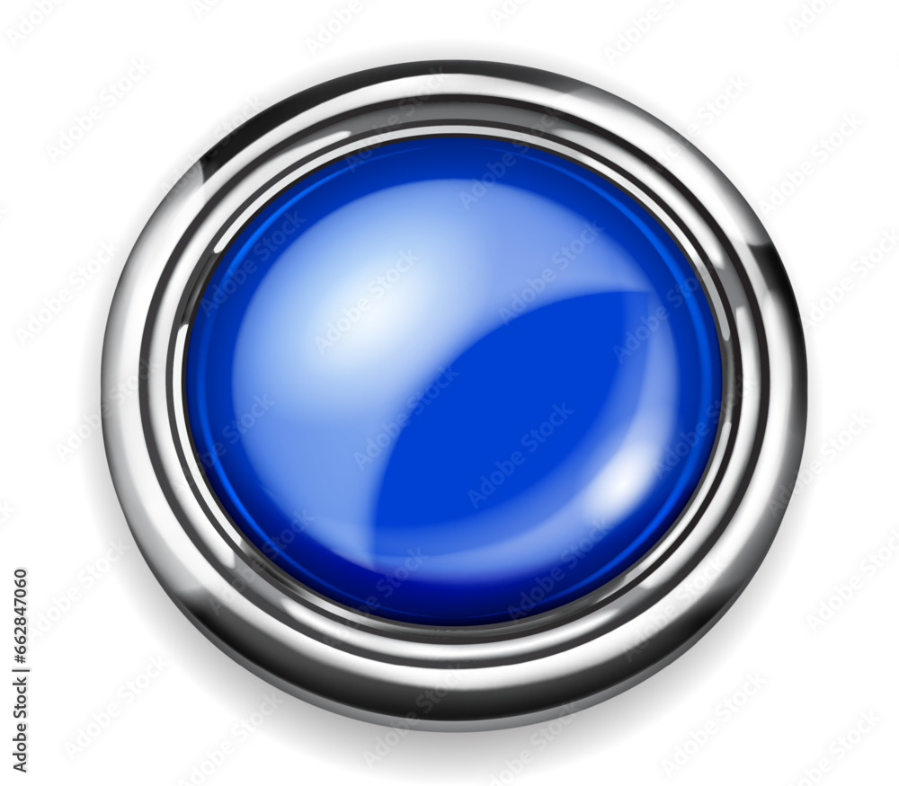 Realistic big blue plastic button with shiny metallic border on white background