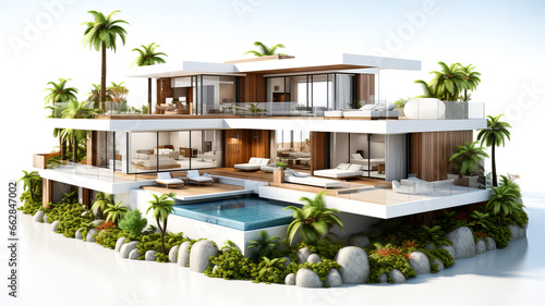 3D rendering of a modern cozy house with a terrace for sale or rent in a luxurious style and beautiful landscape design. Generative AI technology. © Grycaj