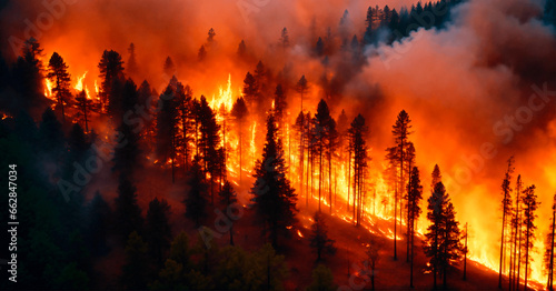 Aerial view of a pine forest on fire