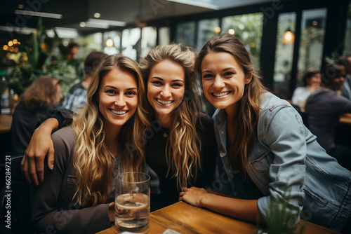 Portrait of three beautiful young women sitting in a cafe and smiling. ia generated