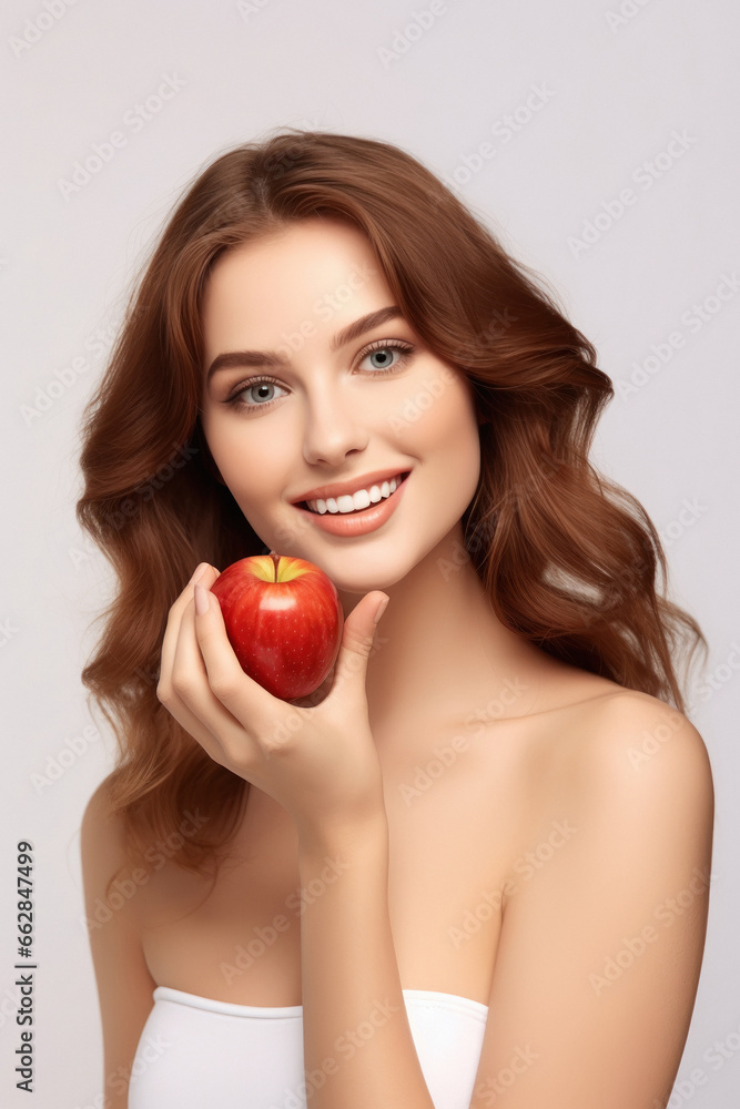 Beautiful woman showing red apple fruit. Beautiful woman showing red apple fruit.