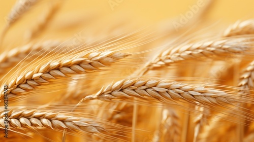 Closeup on golden wheat field or rice barley farming. Rye of barley plants harvest and agriculture background. photo