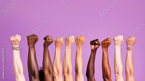 Raised fist of a women for international women day and the feminist movement. March 8 for feminism. photo