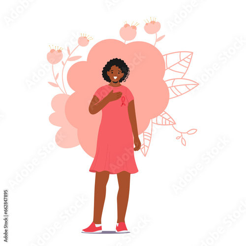 Black Female Character with Pink Ribbon and Hand on her Breast Passionately Promotes Breast Cancer Awareness