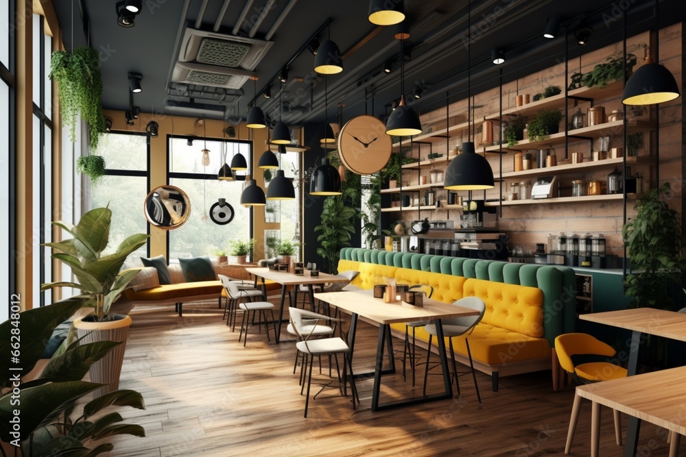 Create an interior design for a trendy coffee shop or cafe