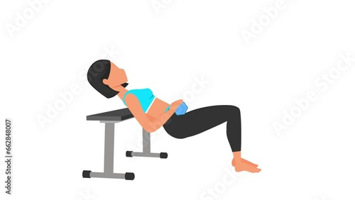 Dumbbell hip thrust exercise tutorial. Female workout on mat. Fitness woman exercising. Looped 2D animation with young girl character training. Sport and healthy lifestyle concept.