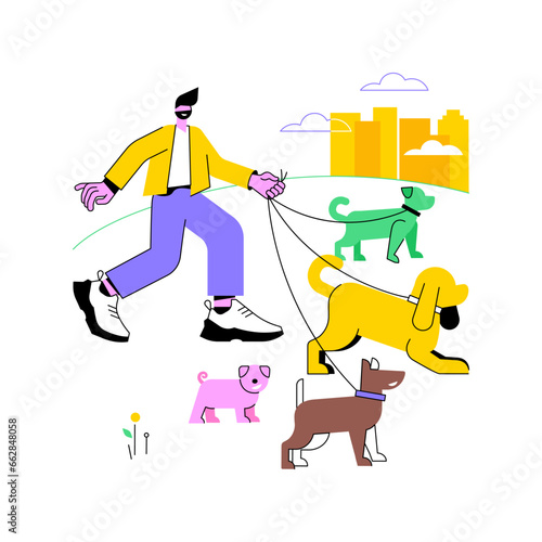 Pet walking isolated cartoon vector illustrations. Professional pet walker at work, dogs diversity, small business, self-employed man, freelance job, adorable domestic animals vector cartoon.