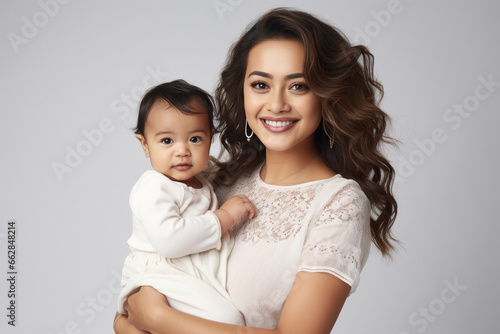 Beautiful woman holding cute baby on white background