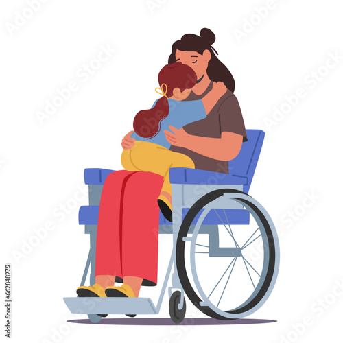 Resilient Disabled Mother In A Wheelchair, Embracing Her Little Child, Shares Heartwarming Moments, Vector Illustration