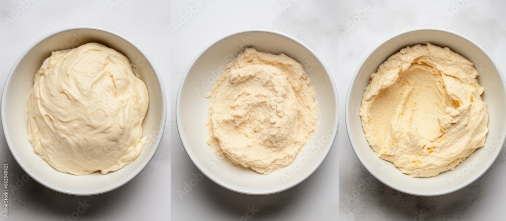 Banana bread recipe Step 2 Mash bananas Top down view on white table With copyspace for text Banana bread recipe Step 2 Mash bananas Top down view on white table With copyspace for text