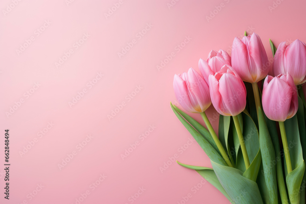 Rose tulips on pink background. Valentines day, mothers day, women day concept. Flat lay, top view, copy space.