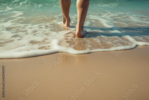 realistic photo of being at the beach with feet in the sand