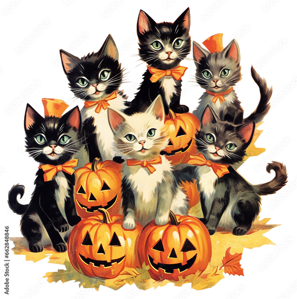 Cats with halloween pumpkin on transparent background, vintage style
